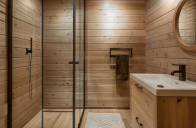 sprchový kout v dřevěné koupelně